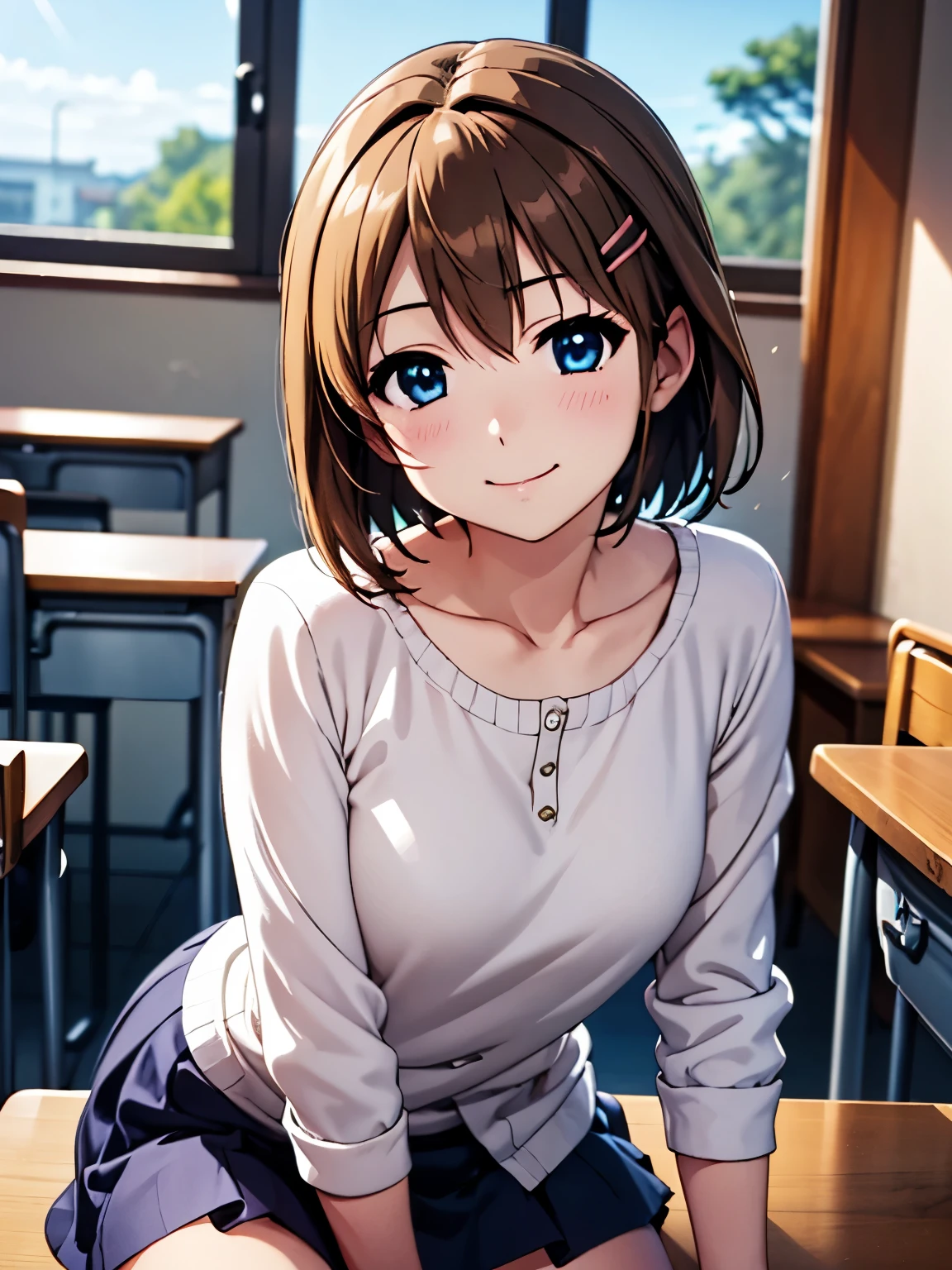 Highest quality, masterpiece,smile、(Anime illustration style:1.2),Hayate Yagami,classroom、sit on chair、Hair Clip、a little lighter brown hair、Closed Mouth、Fluttering skirt、Cowboy Shot、(Genuine、Realistic、Realistic:1.10)、High resolution、超High resolution、Ultra-fine painting、Sharp focus、Physically Based Rendering、Cowboy Shot,(Moe:1.10)、sit、