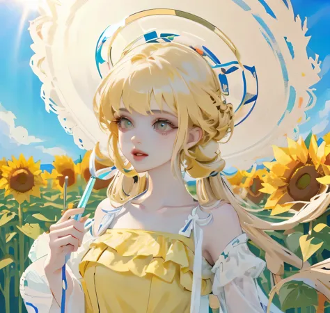 (high quality) (best quality) (a woman) (correct physiognomy) Woman, blonde hair with bangs on her forehead, straw gardener hat ...
