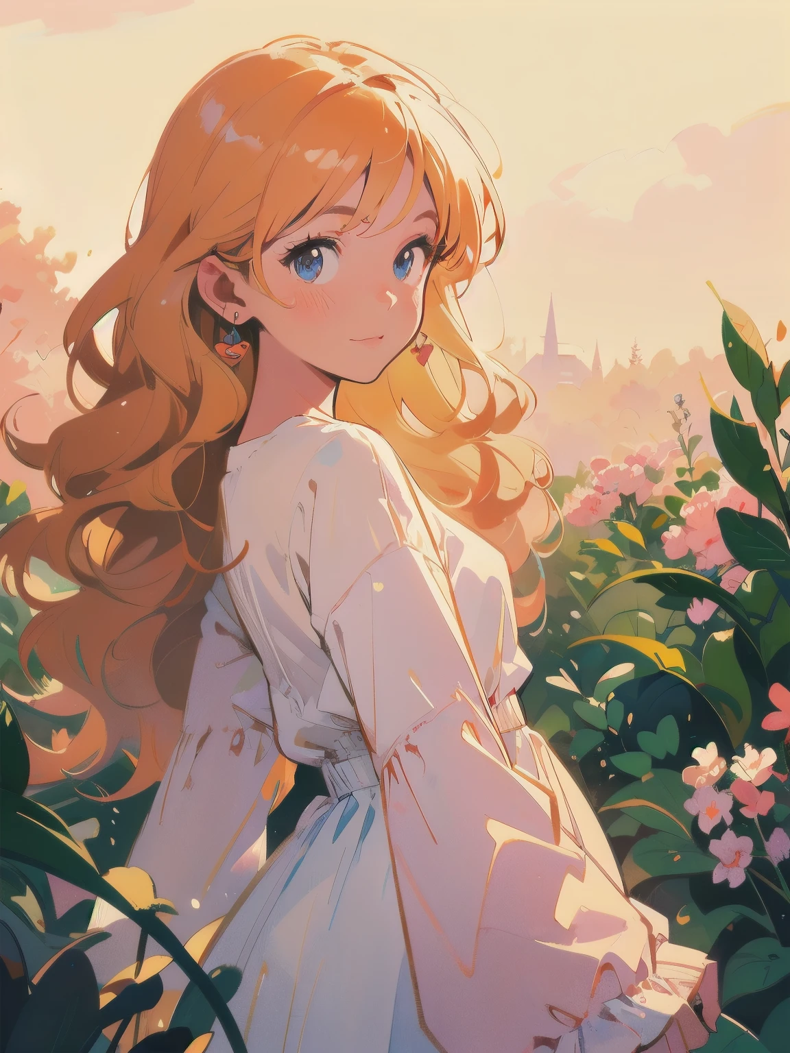 Hermoso girl surrounded by liquid light, pelo naranja largo y ondulado, chica de piel oscura, bronceado, 20 años de edad, vestido blanco sencillo, ilustración acuarela, Inspirado por Glen Keane, inspired por Lois van Baarle, estilo artístico de disney, por Lois van Baarle, Un aura que brilla a su alrededor., Glen Keane, Solo una broma, luz brillante! pintura digital, fluido, Cabello brillante, brillante, pelo que fluye, Hermoso digital illustration, Fantástico paisaje de otro mundo., plantas y flores, Hermoso, obra maestra, de la máxima calidad, anime estilo disney