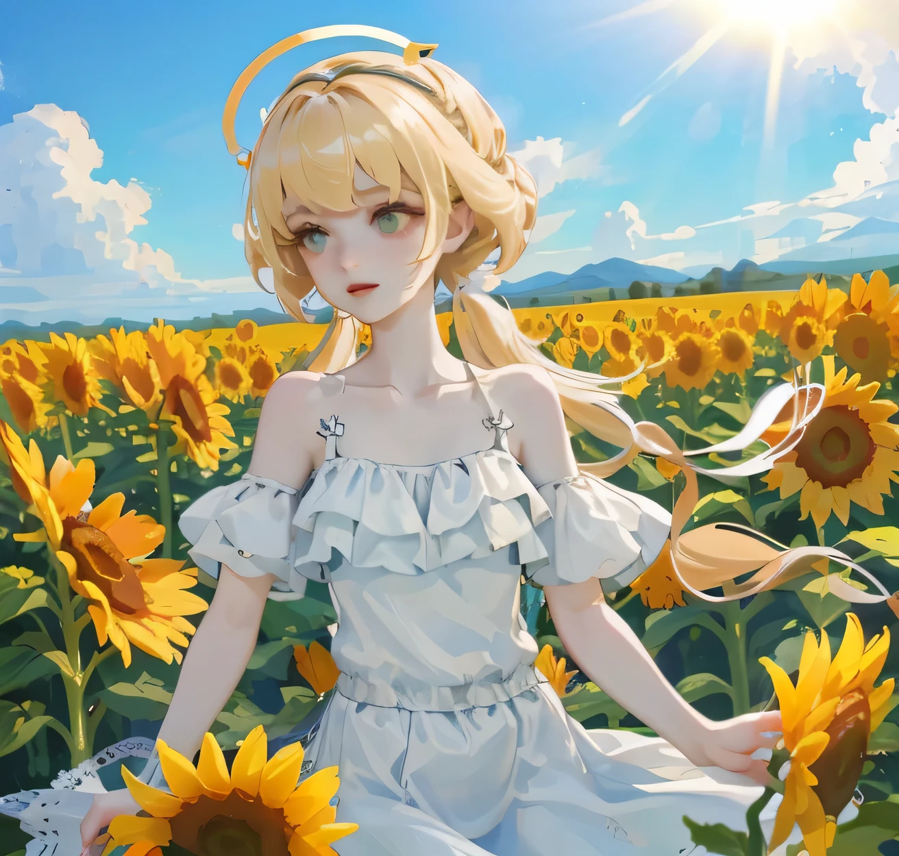 (high quality) (best quality) (a woman) (correct physiognomy) Woman, blonde hair with bangs on her forehead, Flower crown on her head, green eyes, tender lips, middle age, olive green summer dress with print of flowers, location of the photo, the woman must be in the middle of a field of sunflowers, lighting of the photo: sunlight, proportion from head to hips..