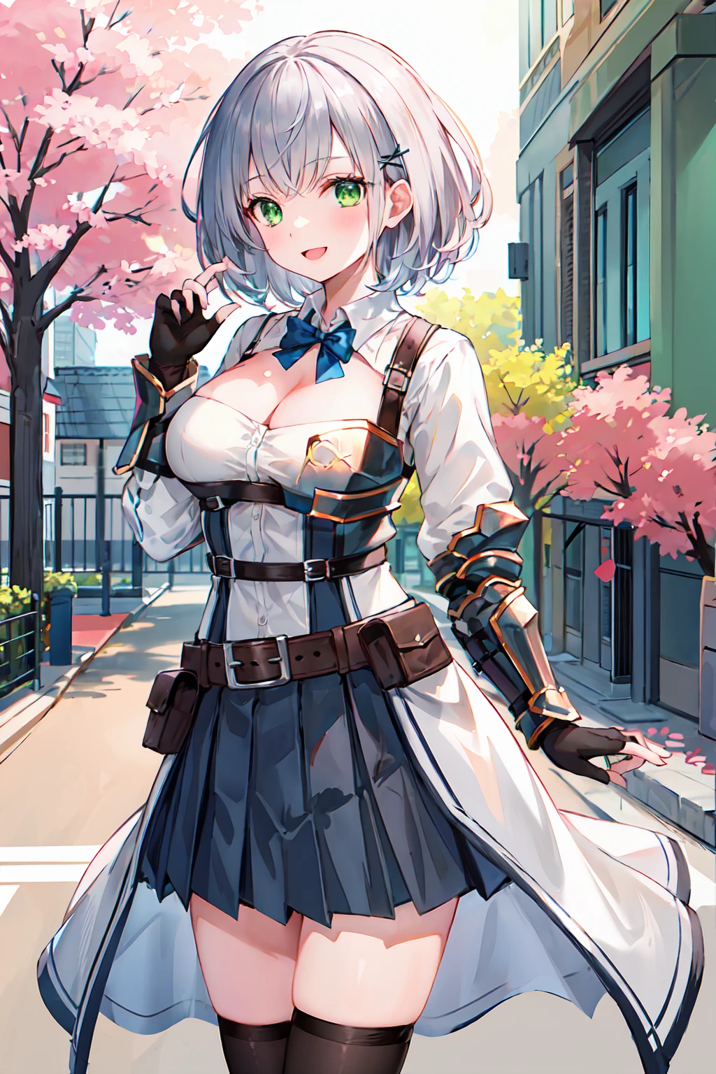 masterpiece, Highest quality, High resolution, Funoel, short hair, X Hair Ornament, Green Eyes, Blue bow tie, White shirt, Collared shirt, Black Skirt, Checked skirt, Pleated skirt, mini skirt, smile, Outdoor, cherry blossoms, Are standing, Cowboy Shot, Open your mouth,aanoel, medium hair, green eyes, hairband, blue collar, shoulder armor, cleavage, mole on breast, armored dress, chest belt, gold trim, fingerless gloves, black gloves, brown belt, pouch, pelvic curtain, black thighhighs