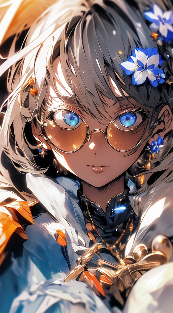 , (masterpiece:1.2), Highest quality,The middle of a journey,
alone, Colored glasses, jewelry, hair ornaments, View your viewers, Black background, One girl, short hair, blue eyes, Earrings, Simple Background, flower, Upper Body, hair flower, orange-Colored glasses, sunglasses, necklace, Jacket, Mouth closed, flower柄プリント, bangs, Blonde, Gray Hair, compensate, Round Glasses, Earrings、In a completely different expression