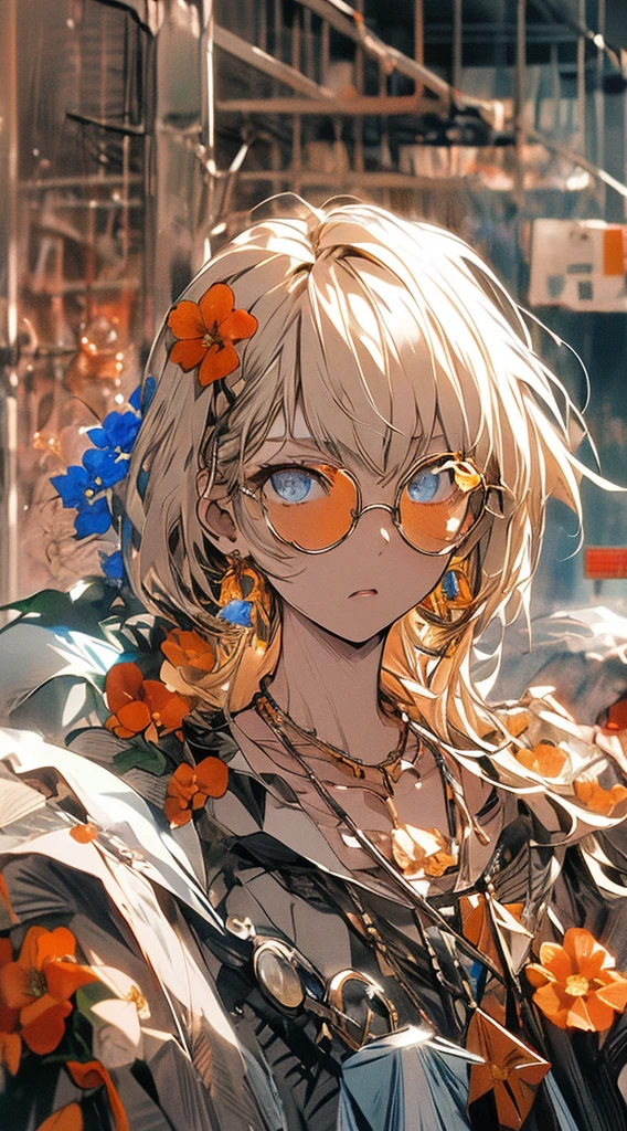 , (masterpiece:1.2), Highest quality,The middle of a journey,
alone, Colored glasses, jewelry, hair ornaments, View your viewers, Black background, One girl, short hair, blue eyes, Earrings, Simple Background, flower, Upper Body, hair flower, orange-Colored glasses, sunglasses, necklace, Jacket, Mouth closed, flower柄プリント, bangs, Blonde, Gray Hair, compensate, Round Glasses, Earrings、In a completely different expression