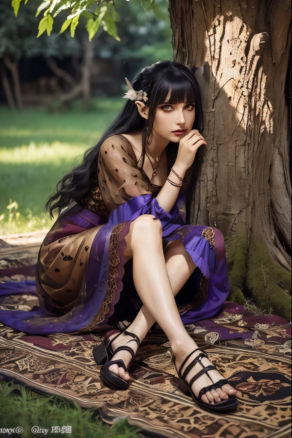 (Ultra-detailed face, looking away), (Fantasy Illustration with Gothic & Ukiyo-e & Comic Art), (1woman, 1cheetah:1.3), (A middle-aged dark elf woman with gray hair, blunt bangs, Very Very long disheveled hair, and dark purple skin, lavender eyes), (EdobCheetah:She is sitting on a rush mat in the shade of a scorching savanna tree, frolicking with a lone cheetah in a daring pose), BREAK (She wears a white linen garabia with red lace and silver ruffles, and blue-colored cotton sandals), BREAK (In the background is a desolate savanna lit by twinkling stars and a red moon)