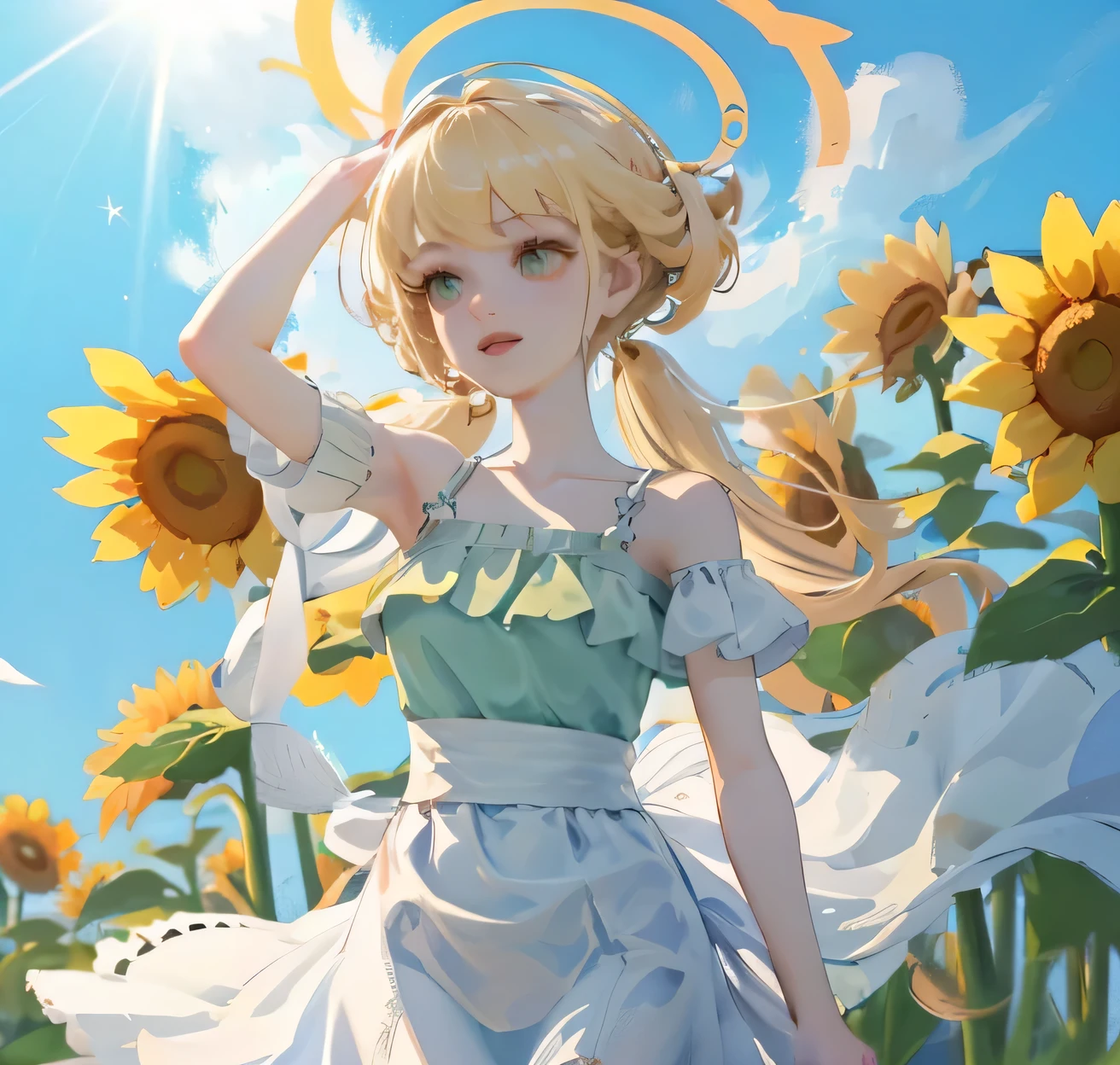 (high quality) (best quality) (a woman) (correct physiognomy) Woman, blonde hair with bangs on her forehead, Flower crown on her head, green eyes, tender lips, middle age, olive green summer dress with print of flowers, location of the photo, the woman must be in the middle of a field of sunflowers, lighting of the photo: sunlight, proportion from head to hips..