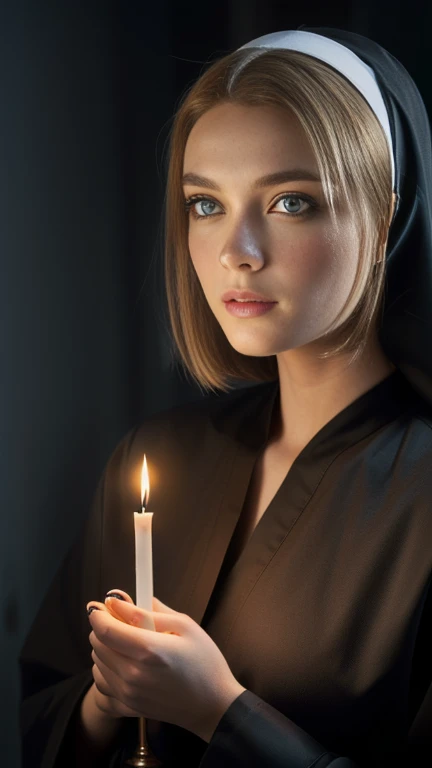 front view, cowboy shot, Denmark female, 20 years-old, (gold hair, shortcut-hair, detailed blue eye, Detailed pretty face,cutey lip ) ,normal body, Catholic, Black Sister uniform, a woman in a nun outfit holding a candle in a dark room , anna Sophia robe as Joan of arc, woman in black robes, The body is wooden cross by chain, still from the movie, Global illumination, back lit lighting, full bloom, ((Cold light)), Sharp focus, photograph realistic, Detailed skin, background out of focus, Cinematic composition , Ultra-detailed, Realistic , Hyper-realistic , volumetric lighting, 8K, trending on attestation