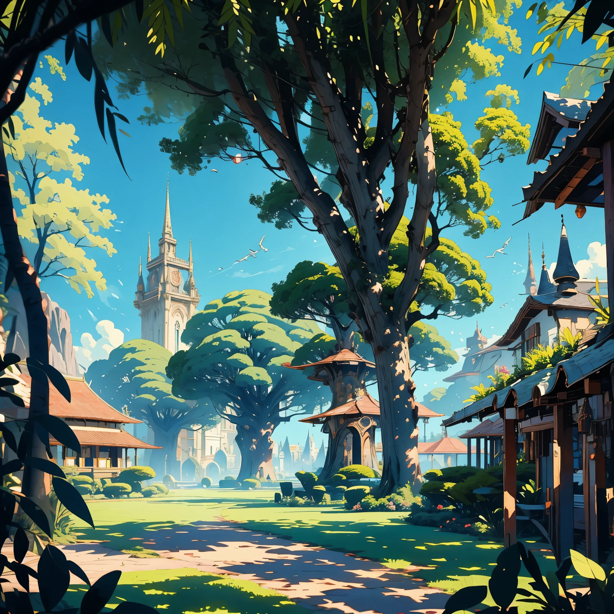 Anime style, Wide shot of the Elven kingdom. Background: Majestic architecture with tall, elegant spires. Surrounding the buildings are lush forests and vibrant gardens. The air is filled with a magical aura.
Details: Some elves are seen walking around, engaging in daily activities.