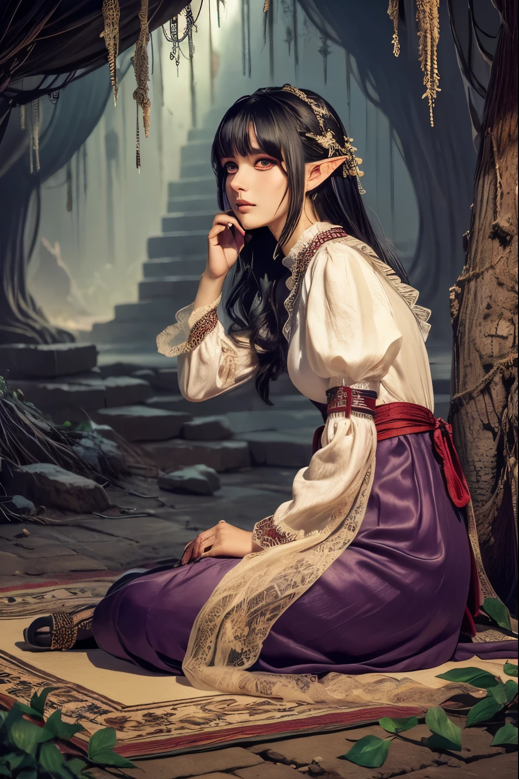 (Ultra-detailed face, looking away), (Fantasy Illustration with Gothic & Ukiyo-e & Comic Art), (1woman, 1cheetah:1.3), (A middle-aged dark elf woman with gray hair, blunt bangs, Very Very long disheveled hair, and dark purple skin, lavender eyes), (EdobCheetah:She is sitting on a rush mat in the shade of a scorching savanna tree, frolicking with a lone cheetah in a daring pose), BREAK (She wears a white linen garabia with red lace and silver ruffles, and blue-colored cotton sandals), BREAK (In the background is a desolate savanna lit by twinkling stars and a red moon)