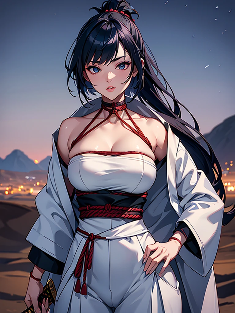 a female samurai, beautiful detailed eyes, beautiful detailed lips, extremely detailed face, long eyelashes, (katana sword on hip:1.2),hyper realistic lighting,(super detailed:1.3),((best quality:1.2)),((masterpiece:1.2)),female focus,lonely beauty,detailed face,detailed lips,(nighttime:1.6),(standing in a desert),(eclipse),cowboy shot,cleavage,((shibari across bare breasts:1.125)),topknot,muted dark blue hair,white samurai coat,black samurai (pants):1.4,big breasts