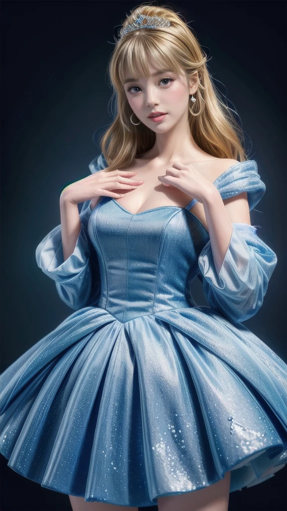 ((1 girl)), masterpiece, (high quality, Best Rendering), (beautiful girl, cinderella), hot, Dental floss, Perfect body, 4k hd, Disney Princesses,Pretty Princess, long, Slimming long legs, Large Breasts, Sexy pose, Wear it with dresses, Vibrant colors, Cartoon princess and tabernacle in blue dress, She has white skin, cinderella, Disney Characters, Disney Characters style, Disney Princess, Anime princess, fantasy, Formal wear, Fancy backgrounds，（8K，RAW Photos），（best quality），（masterpiece loose），（Practical，）（Realistic and Practical），（high resolution），Ultra Detail，（Mild realism：1.1），Pretty Face， （1 female：1.1），high resolution), (8K), (Very detailed), (4K), (Pixif), Perfect face, Beautiful eyes and face, (最high quality), (Very detailed), Detailed face and eyes, (Solitary), Textured Skin, absurdes, high resolution,