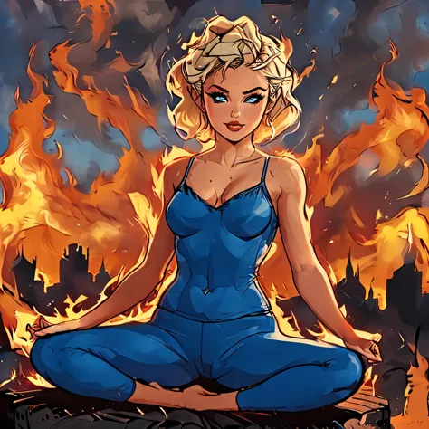 ((side view)), girl sitting on the fire against the background of fire, open mouth, 
 sitting on the flame, fire, side view girl...