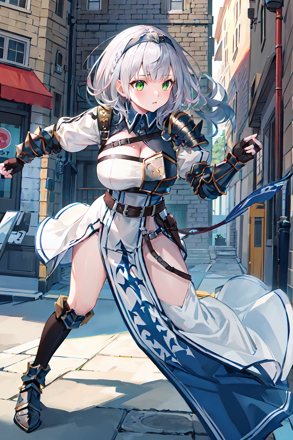 masterpiece, Highest quality, High resolution, aanoel, medium hair, green eyes, hairband, blue collar, shoulder armor, cleavage, mole on breast, armored dress, chest belt, gold trim, fingerless gloves, black gloves, brown belt, pouch, pelvic curtain, black thighhighs,Fighting、Have a mace、Medieval streetscape