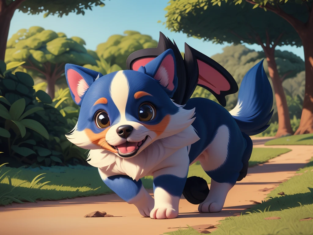 A cute puppy in a Pixar-inspired style walking through a park, highly detailed, 4k, photorealistic, warm lighting, shallow depth of field, vibrant colors, adorable facial features, cute expression, fluffy fur, park environment with lush greenery, detailed textures, intricate details, dynamic pose, um cãozinho azul