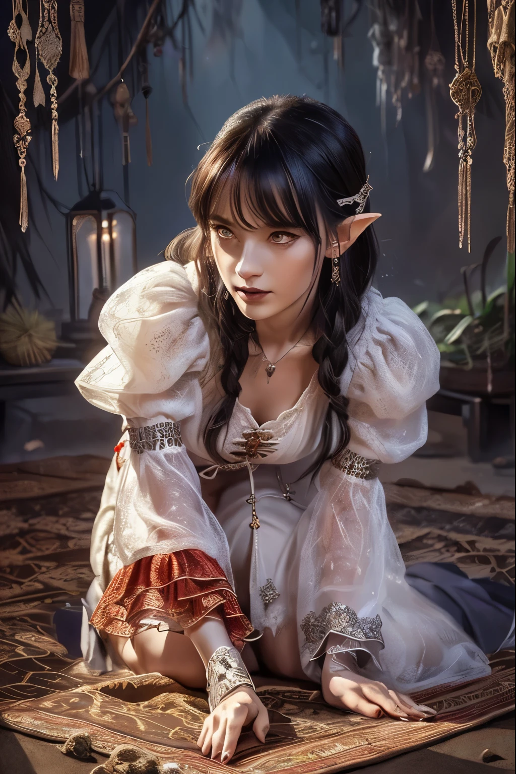 (Ultra-detailed face, looking away), (Fantasy Illustration with Gothic & Ukiyo-e & Comic Art), BREAK (1woman, 1animal:1.3), (A middle-aged dark elf woman with gray hair, blunt bangs, Very Very long disheveled hair, and dark purple skin, lavender eyes), (EdobCheetah:She is sitting on a rush mat in the shade of a scorching savanna tree, frolicking with a lone cheetah in a daring pose:1.2), BREAK (She wears a white linen garabia with red lace and silver ruffles, and blue-colored cotton sandals), BREAK (In the background is a desolate savanna lit by twinkling stars and a red moon)