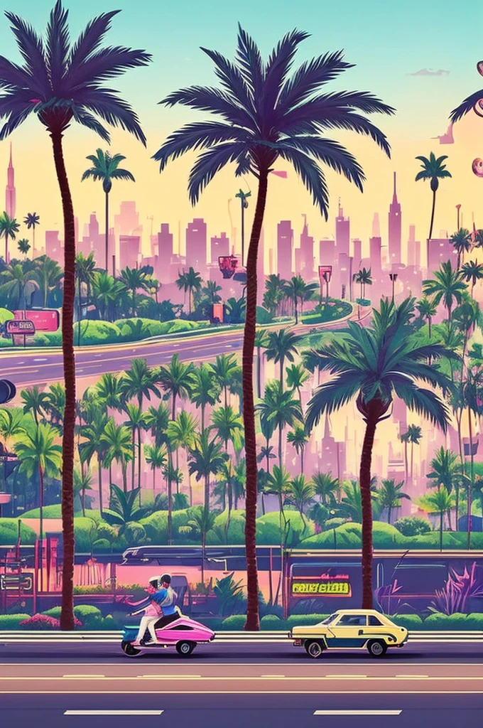 retro 80s art, 2 men on hoverboards down a highway with palm trees on the side of the road, retro art, synthwave, city view in the background, highly detailed