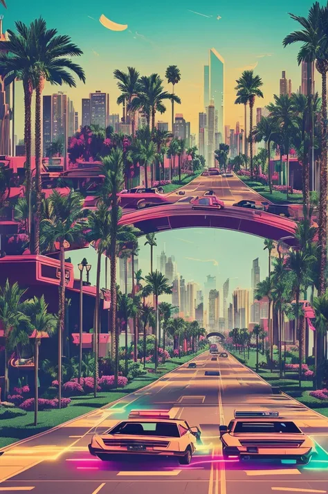 retro 80s art, 2 men on hoverboards down a highway with palm trees on the side of the road, retro art, synthwave, city view in t...