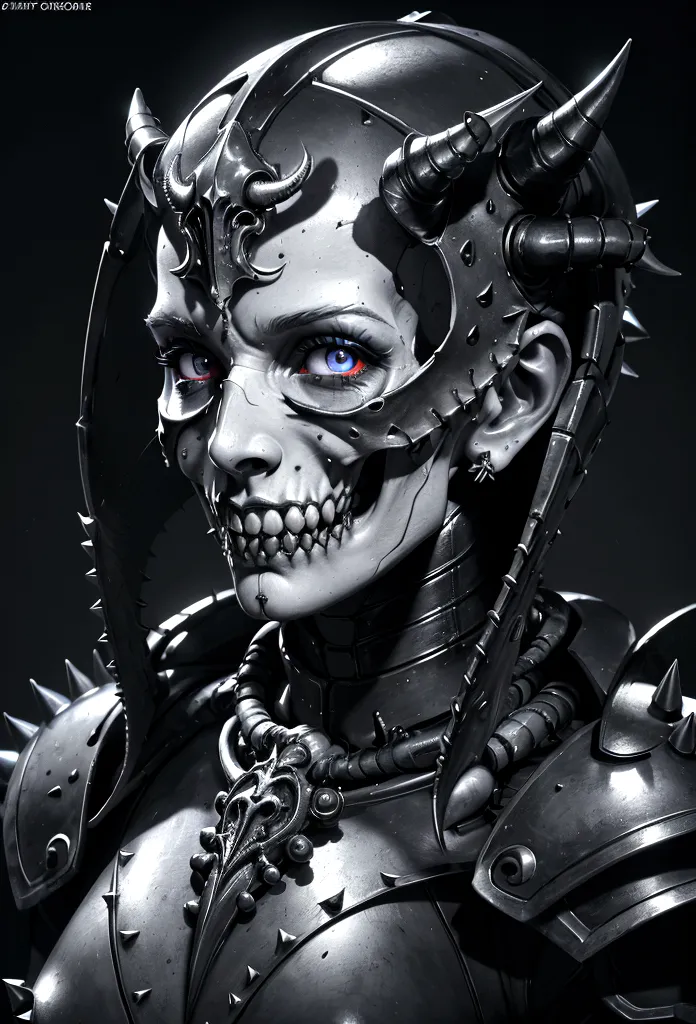 a gorgeous adepta sororitas from the movie tron, glowing skull armor, spikes, teeth, monster, dirty tentacles, pus pimples, crac...