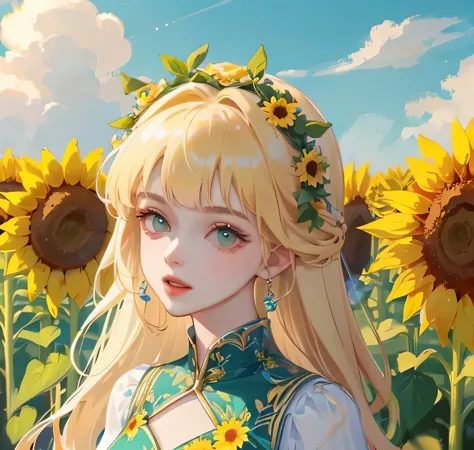 (high quality) (best quality) (a woman) (correct physiognomy) Woman, blonde hair with bangs on her forehead, Flower crown on her...