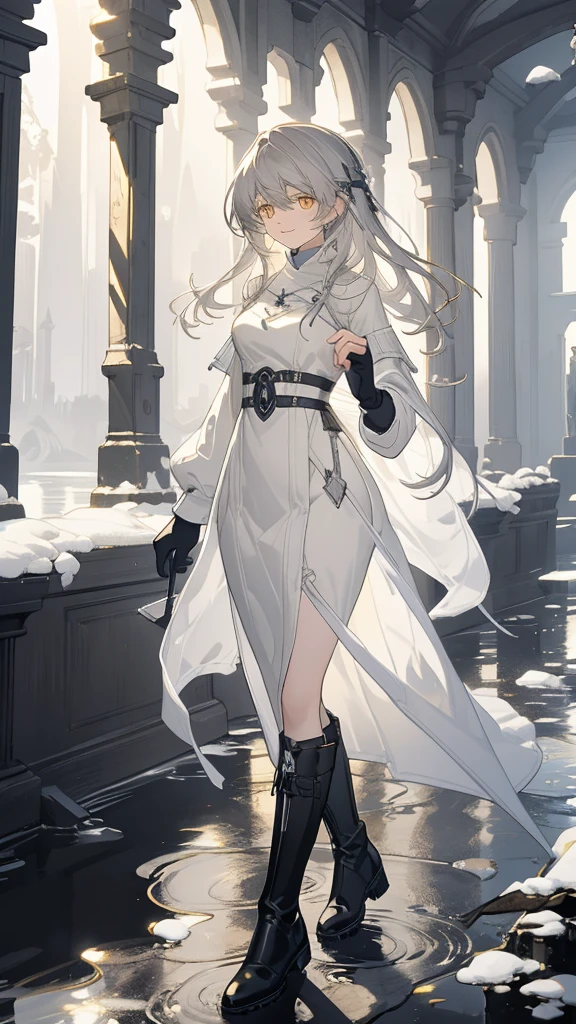 1girl, smiling, walking, Ultrahigh resolution, dark sunlight, river bank, trees, flowing water, ((airoptics:1.2, solar magic:0.9)), ((aero gear)), high detailed face, long hair, flowing, ((soft cotton gloves)), ((silver ring)), long coat, pale brown skirt, boots, calm and peaceful, serene eyes, glowing yellow eyes, idyllic setting, harmony with nature, (( composition:1.2)), ((environment:1.2)), ((weather:1.2)), (((very high contrast))), (((soft and warm lighting))), (((freezing atmosphere)))