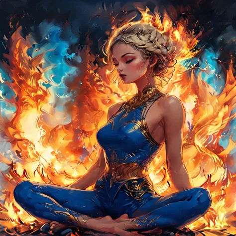
((side view)), girl sitting on the fire against the background of fire, open mouth, 
 sitting on the flame, fire, side view bur...