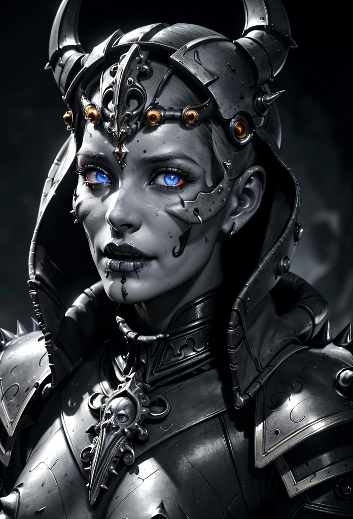 a gorgeous adepta sororitas from the movie tron, glowing skull armor, spikes, teeth, monster, dirty tentacles, pus pimples, cracked truenurgle, detailed face and eyes, beautiful lips, extremely detailed, 1girl, oil painting, concept art, dark fantasy, cinematic lighting, dramatic shadows, vibrant colors, moody atmosphere, hyper detailed, 8k, photorealistic
