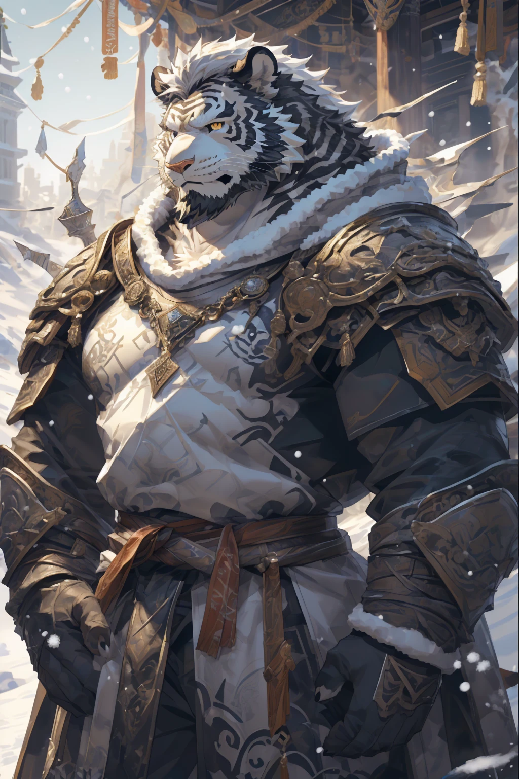 (white skintiger),(Black and white yin and yang military commander uniform),(Holding a long sword),(Awesome posture:1.3),Standing quietly in,(The background is a city covered with ice and snow:1.5),(Abdominal muscles),Heroic,A perfect masterpiece,Various facial details,Close-up view,specific description,masterpiece,(cg),(Golden Eyes),Black and white pattern,Black and white tail,Military commander,Heroic,tiger,Black and white fur，Detailed facial details,Half Body,(Black and white yin and yang military commander combat shoes),(Long feather),((middle aged)),(Face Focus),(16K),(HD),Black and white abdomen，temple，beard,(Face lines),(heterochromia,),(Black and white yin and yang battle robe),(Black and white hair),(Strong:1.2),(muscle:1.3),(high resolution:1.3),(Standing in front of a city covered in snow),(Close up),(Detailed face:1.5)，Perfect details,(Half Body),(Detailed depiction of the face:1.5),(Zoom in on the face:1.5),(White Face lines:1.2),(Black Beard:1.3),(White face:1.6),(White body),(White skin,black strips:1.3),(White cheeks:1.5),(The skin color of the face is white:1.3),cg