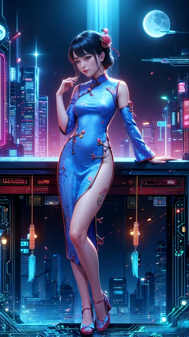 top quality, future world, State-of-the-art robot, Beautiful Woman, flying hair, Transformed into a cyborg except for the face,  Transformed into a cyborg except for the shoulder, sexy images, whole body photo, (((transform to cheongsam)))