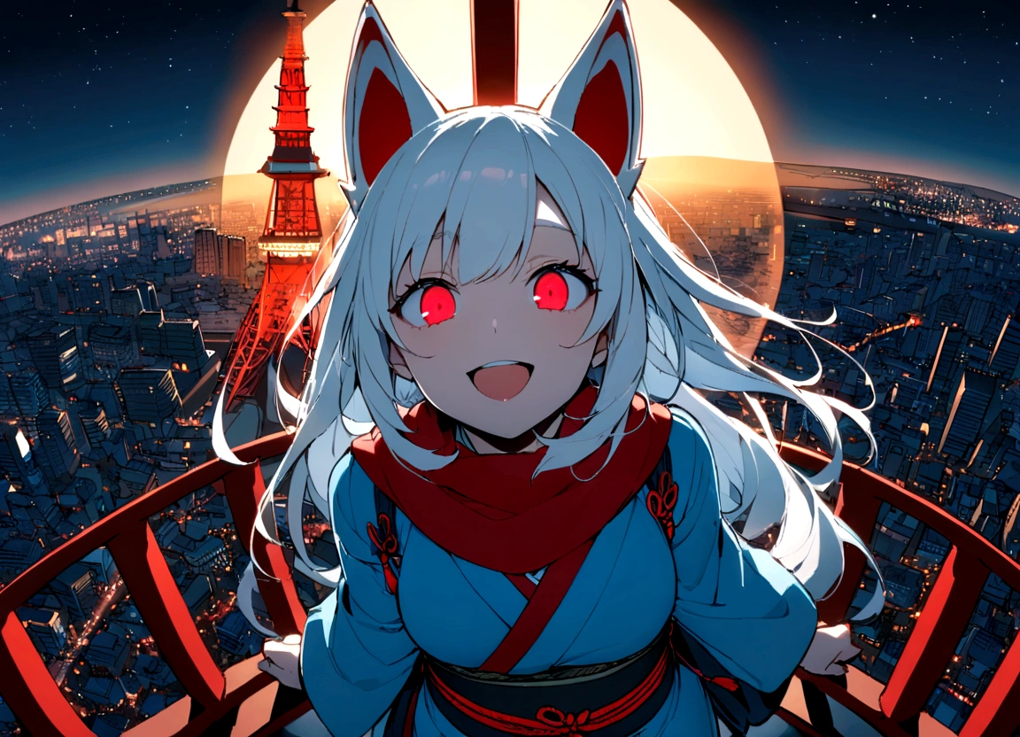 smiling、Double teeth、Green and Blue Odd-Eye、A long scarf in two-tone red and blue、Climb Tokyo Tower and look down on the cityscape、View from Tokyo Tower(masterpiece, best quality:1.2), 1girl, 独奏,Wolf girl, fox mask, ninja, girl, long white hair, odd eyes, blue kimono, ninja girl, red and blue scarf,Dancing Cherry Blossoms,Full moon backlighting, light coming in, fantastic atmosphere.night、Shadows of light and darkness、Eyes glowing in the dark、Black fox mask、Fisheye Lens、Expansive starry sky、long hair that spreads、Looking up from afar、Overlooking the city from atop a large cherry tree、View from Tokyo Tower