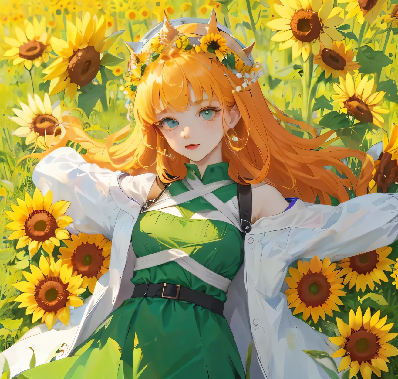 (high quality) (best quality) (a woman) (correct physiognomy) Woman, orange hair with bangs on her forehead, Flower crown on her head, green eyes, tender lips, middle age, olive green summer dress with print of flowers, location of the photo, the woman must be in the middle of a field of sunflowers, lighting of the photo: sunlight, proportion from head to hips..