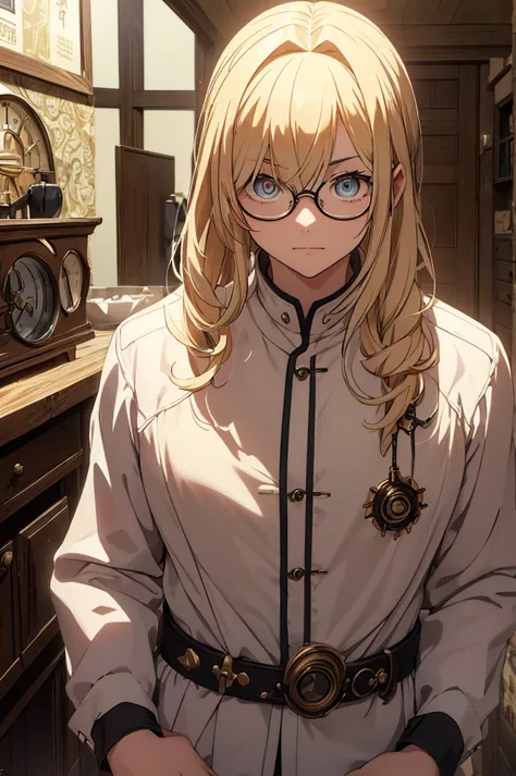 Blonde, Round Glasses, cool, (Gear Accessories), anime, beautiful, masterpiece, Highest quality, (1male性:1.5), (Shining Eyes:1.3...