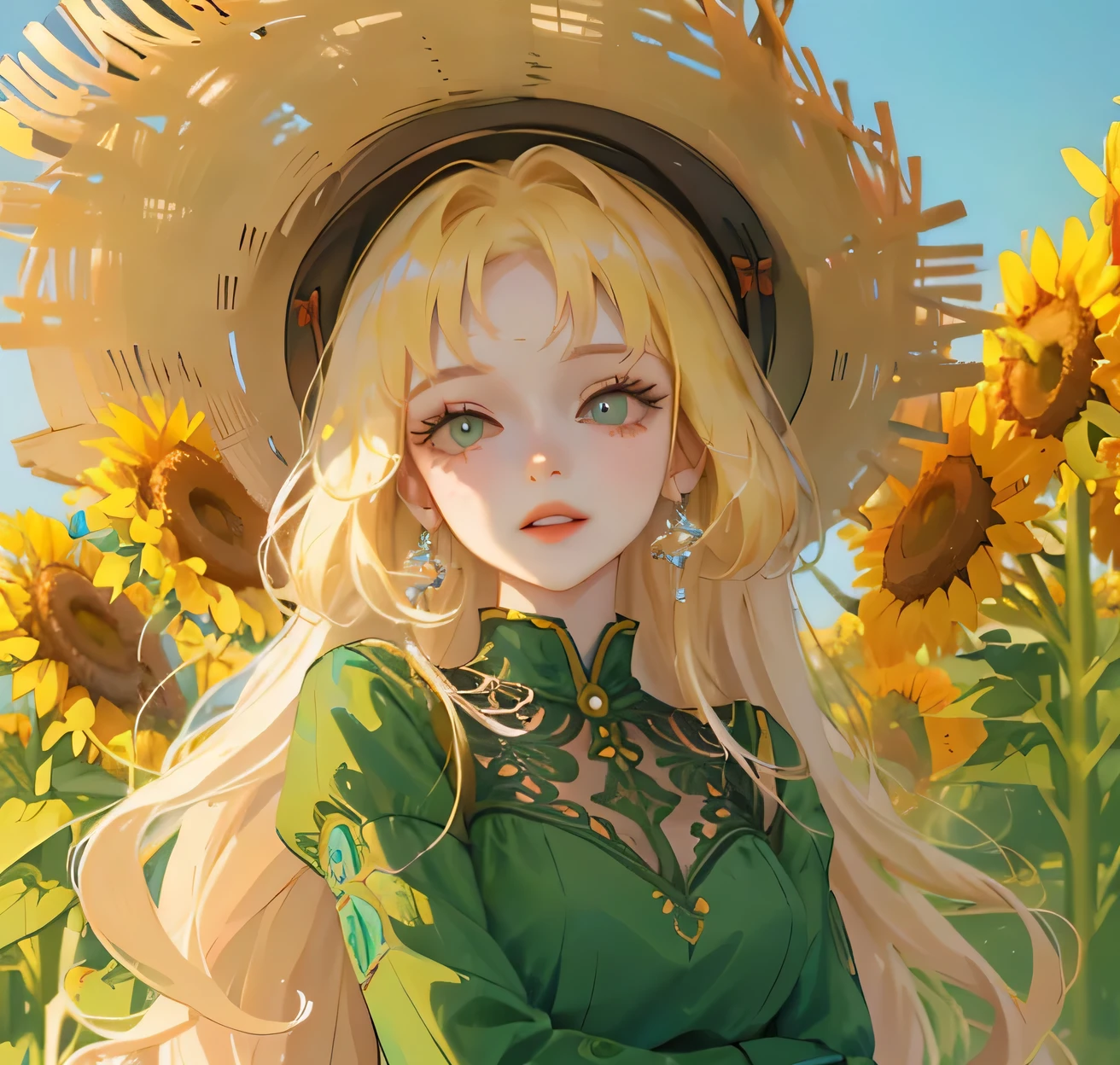 (high quality) (best quality) (a woman) (correct physiognomy) (perfect eyes) (perfect pupils) Woman, blonde hair with bangs on her forehead, gardener's hat on her head, green eyes, perfect eyes, tender lips, middle age, olive green summer dress with flower print, location of the photo the woman must be in the middle of a field of sunflowers, lighting of the photo sunlight, full body proportion from head to hips.