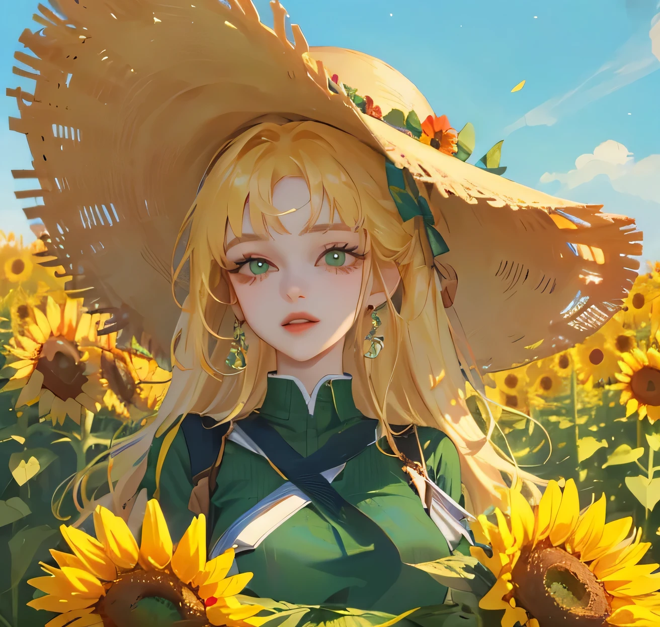 (high quality) (best quality) (a woman) (correct physiognomy) (perfect eyes) (perfect pupils) Woman, blonde hair with bangs on her forehead, gardener's hat on her head, green eyes, perfect eyes, tender lips, middle age, olive green summer dress with flower print, location of the photo the woman must be in the middle of a field of sunflowers, lighting of the photo sunlight, full body proportion from head to hips.