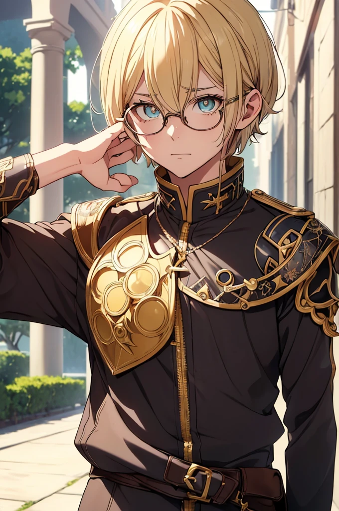 Blonde, Round Glasses, cool, (Gear Accessories), anime, beautiful, masterpiece, Highest quality, (1male性:1.5), (Shining Eyes:1.3), (Beautifully detailed eyes:1.1)、[[Delicate fingers and hands:0.55]::0.85], (Detailed reference),male, maleらしく, male, (Not as it really is), (bad), (Not as it really is感), No chest