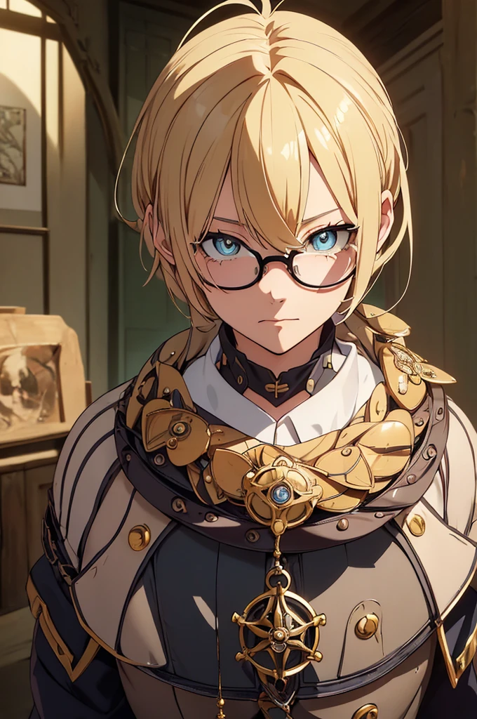 Blonde, Round Glasses, cool, (Gear Accessories), anime, beautiful, masterpiece, Highest quality, (1male性:1.5), (Shining Eyes:1.3), (Beautifully detailed eyes:1.1)、[[Delicate fingers and hands:0.55]::0.85], (Detailed reference),male, maleらしく, male, (Not as it really is), (bad), (Not as it really is感), No chest