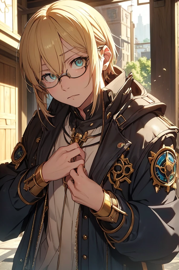 Blonde, Round Glasses, cool, (Gear Accessories), anime, beautiful, masterpiece, Highest quality, (1male性:1.5), (Shining Eyes:1.3), (Beautifully detailed eyes:1.1)、[[Delicate fingers and hands:0.55]::0.85], (Detailed reference),male, maleらしく, male, (Not as it really is), (bad), (Not as it really is感), No chest