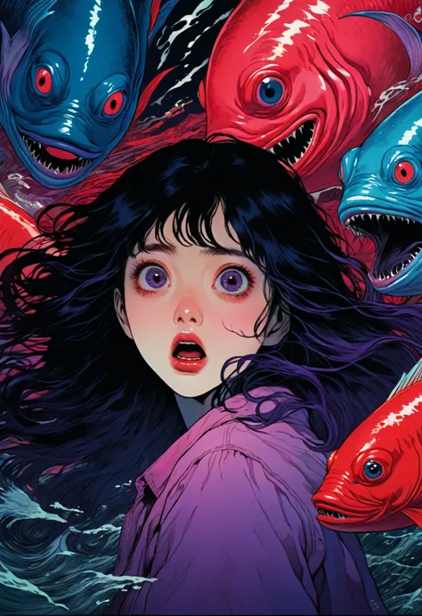 illust、art、from 80s horror movie, directed by Junji Ito、In the sea、A woman with a scared expression、Lots of strange looking deep...