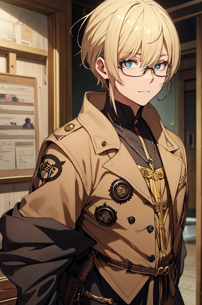 Blonde, Round Glasses, cool, (Gear Accessories), anime, beautiful, masterpiece, Highest quality, (1male性:1.5), (Shining Eyes:1.3), (Beautifully detailed eyes:1.1)、[[Delicate fingers and hands:0.55]::0.85], (Detailed reference),male, maleらしく, male, (Not as it really is), (bad), (Not as it really is感), No chest, short hair length