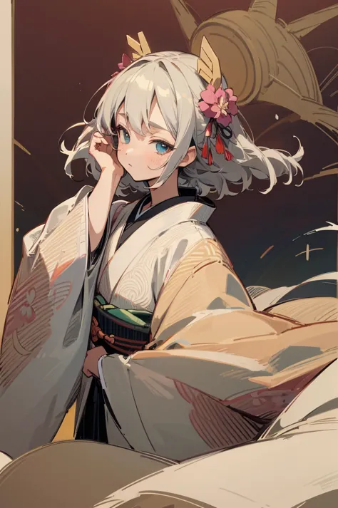 masterpiece, Highest quality, High resolution, 1 Girl 22 Ahog Hair Accessories, Hand-drawn kimono