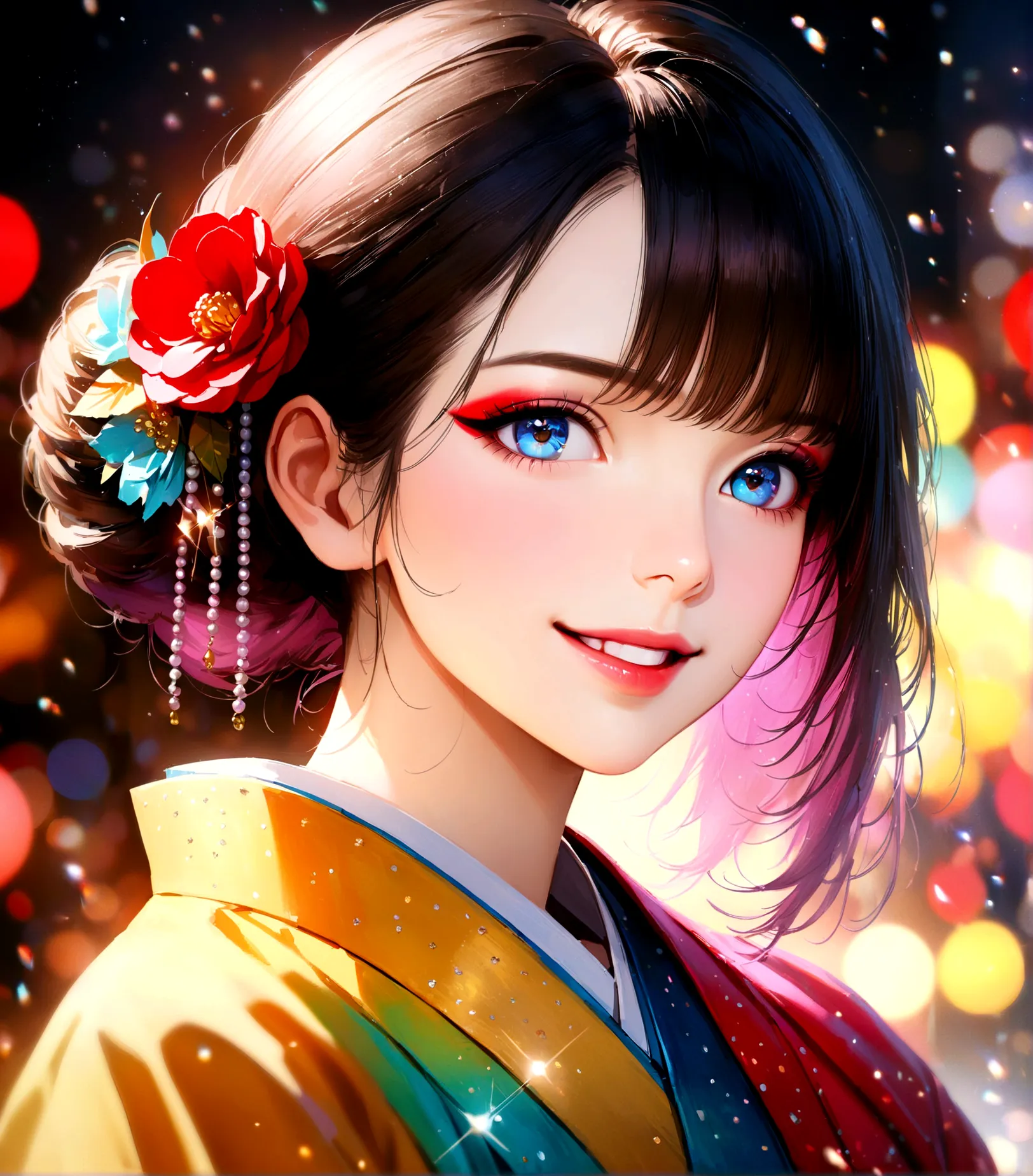 Kyoto, kimono,Maiko makeup,Blur the background,young woman,smile,Glitter effect,Highest quality, 8K, High resolution, masterpiec...
