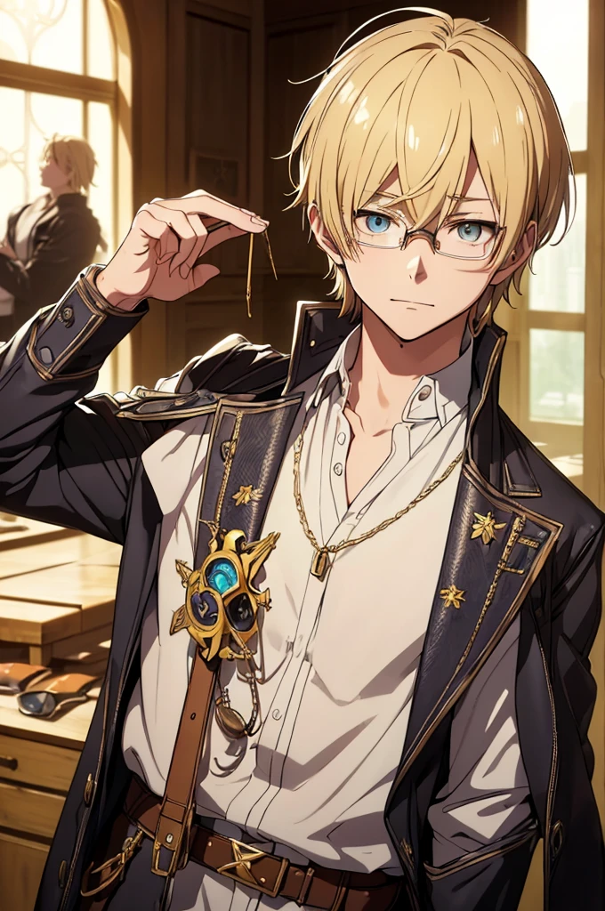 Blonde, Round Glasses, cool, (Gear Accessories), anime, beautiful, masterpiece, Highest quality, (1male性:1.5), (Shining Eyes:1.3), (Beautifully detailed eyes:1.1)、[[Delicate fingers and hands:0.55]::0.85], (Detailed reference),male, maleらしく, male, (Not as it really is), (bad), (Yankee), No chest, short hair length