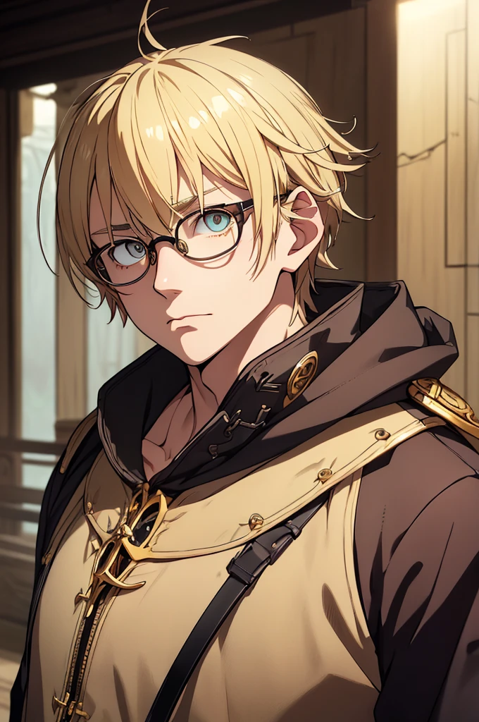 Blonde, Round Glasses, cool, (Gear Accessories), anime, beautiful, masterpiece, Highest quality, (1male性:1.5), (Shining Eyes:1.3), (Beautifully detailed eyes:1.1)、[[Delicate fingers and hands:0.55]::0.85], (Detailed reference),male, maleらしく, male, (Not as it really is), (bad), (Yankee), No chest, short hair length