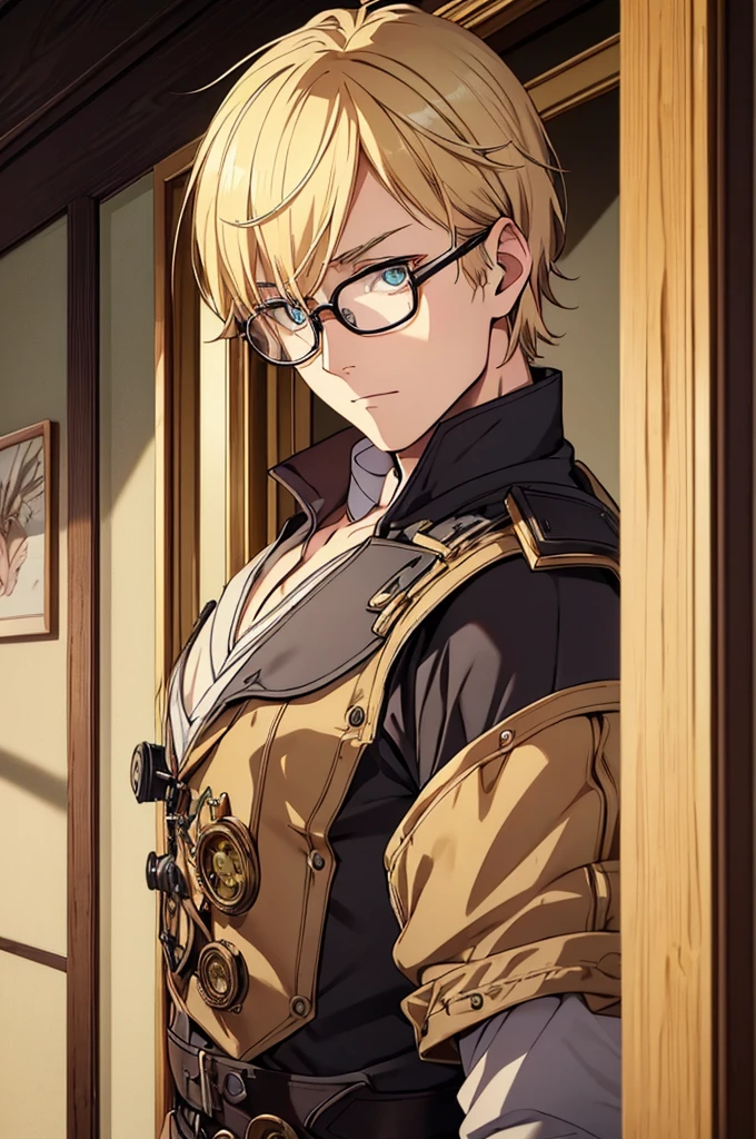 Blonde, Round Glasses, cool, (Gear Accessories), anime, beautiful, masterpiece, Highest quality, (1male性:1.5), (Shining Eyes:1.3), (Beautifully detailed eyes:1.1)、[[Delicate fingers and hands:0.55]::0.85], (Detailed reference),male, maleらしく, male, (Not as it really is), (bad), (Yankee), No chest, short hair length