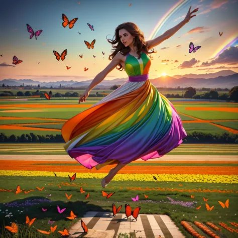 A woman in rainbow color gown jumping and running over a huge chess board mixed placed in a field of carrots, surrounding by dif...