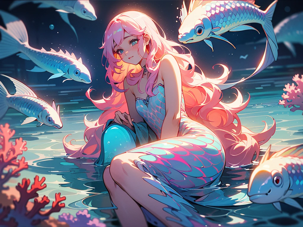 (seabed、Life at sea、Beautiful coral reef、fish),A beautiful flowing mermaid,Iridescent scales and long,Flowing Hair. She is sitting on a rock by the sea under the moonlight,surrounded by Calm waves and sparkling Sea creatures.,(style: Classic Fantasy, Realistic),(detailed: Long Hair, Iridescent scales, moonlight, Sea creatures, Calm waves),(Anatomically correct),Highest quality,wonderful quality,16K,Unbelievably absurd,Very detailed,Fine and beautiful eyes,Smooth and beautiful skin,Beautiful hair with shiny details,Carefully draw down to the smallest detail,Complex gradation like watercolor painting,Colorful,Wonderful color balance,Happy dreams,Zentangle Elements,rendering,Cast colorful spells,((Sparkling)),Hologram processing,wonderful,Magical Effects,Arranging light particles,Carefully draw the face line,Natural Makeup,Charm,Perfect proportions