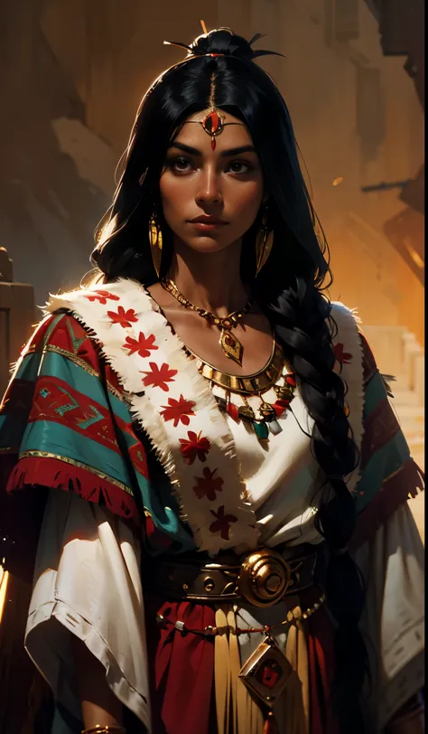 native american, the era of colonization, aztecs, maya, incas, a woman with long black hair, dark skin, golden eyes, feather jew...