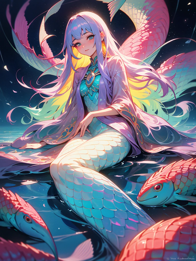 (seabed、Life at sea、Beautiful coral reef、fish),A beautiful flowing mermaid,Iridescent scales and long,Flowing Hair. She is sitting on a rock by the sea under the moonlight,surrounded by Calm waves and sparkling Sea creatures.,(style: Classic Fantasy, Realistic),(detailed: Long Hair, Iridescent scales, moonlight, Sea creatures, Calm waves),(Anatomically correct),Highest quality,wonderful quality,16K,Unbelievably absurd,Very detailed,Fine and beautiful eyes,Smooth and beautiful skin,Beautiful hair with shiny details,Carefully draw down to the smallest detail,Complex gradation like watercolor painting,Colorful,Wonderful color balance,Happy dreams,Zentangle Elements,rendering,Cast colorful spells,((Sparkling)),Hologram processing,wonderful,Magical Effects,Arranging light particles,Carefully draw the face line,Natural Makeup,Charm,Perfect proportions