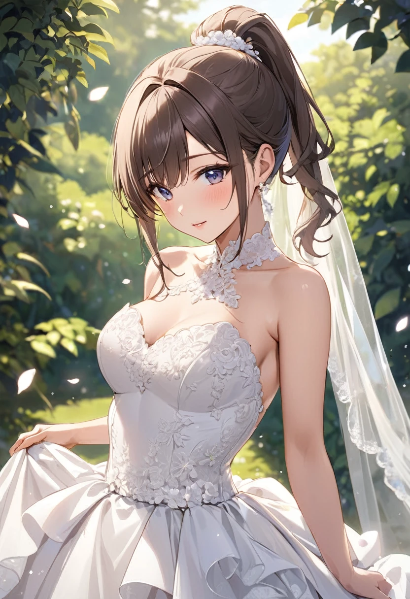 Waist-length hair tied in a high ponytail、Beauty、sexy wedding dress