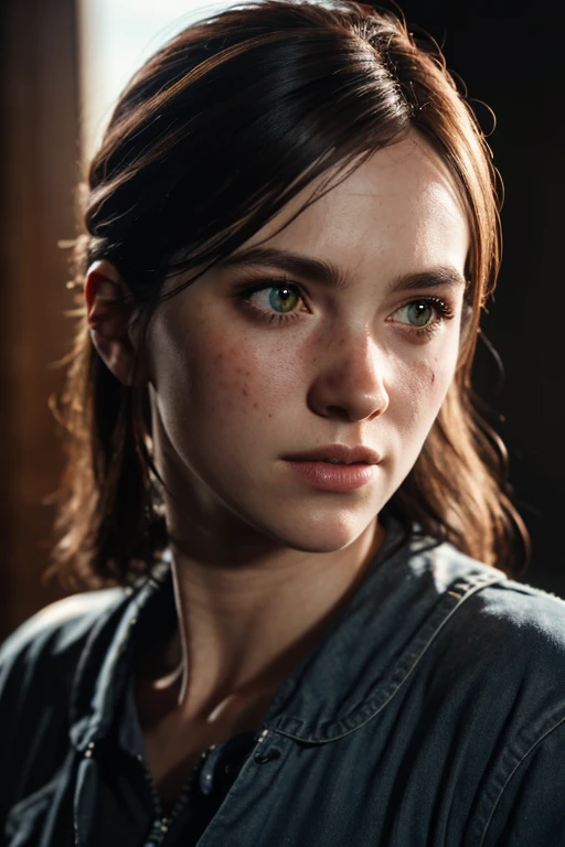 Ellie, tlou2, portrait, sun rays, looking at viewer, award-winning, (8k, RAW photo, best quality, masterpiece:1.2),ultra-detailed, (high detailed skin:1.2), 8k uhd, dslr, soft lighting, high quality, 