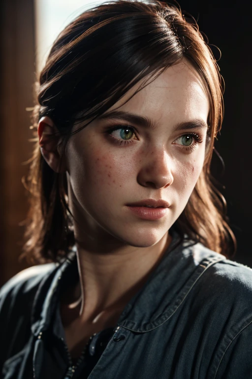 Ellie, tlou2, Porträt, Sonnenstrahlen, Betrachter betrachten, preisgekrönt, (8k, RAW-Foto, beste Qualität, Meisterwerk:1.2),ultra-detailliert, (hochdetaillierte Haut:1.2), 8k uhd, dslr, sanfte Beleuchtung, gute Qualität, 