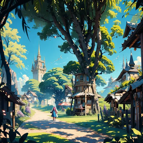 anime style, in ELVEN VILLAGE, long shot, Quaint, pathways lined with lilacs. Elven villagers in the background, going about the...